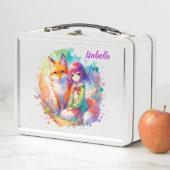 水かわいらし色アニメガールとキツネ メタルランチボックス (インサイチュ)