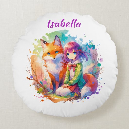 水かわいらし色アニメガールとキツネ ラウンドクッション (正面)