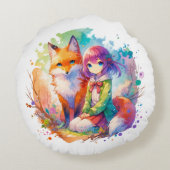 水かわいらし色アニメガールとキツネ ラウンドクッション (裏面)