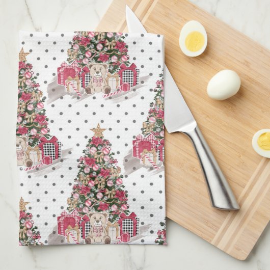 水かわいらし色クリスマスプレゼント&テディベア キッチンタオル (四つ折り)