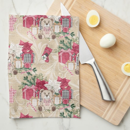水かわいらし色クリスマスプレゼント&テディベア キッチンタオル (四つ折り)