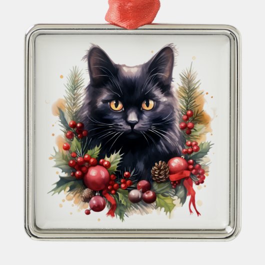 水かわいらし色クリスマス黒猫 メタルオーナメント (正面)