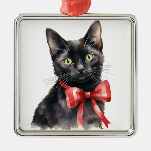 水かわいらし色クリスマス黒猫 メタルオーナメント (正面)