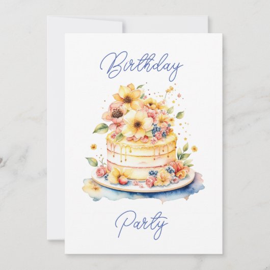 水かわいらし色ケーキと花誕生日 招待状 (正面)