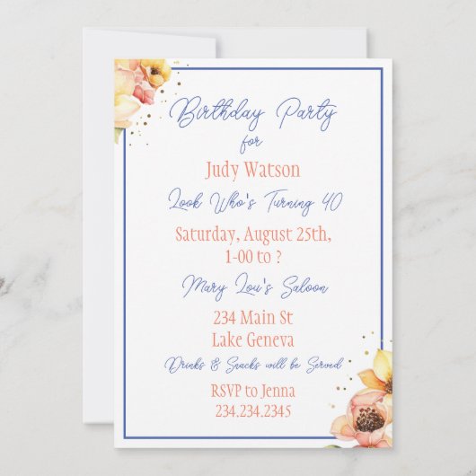 水かわいらし色ケーキと花誕生日 招待状 (裏面)