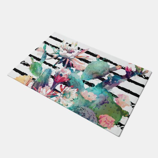 水かわいらし色サボテンフローラ黒ストライプ色 ドアマット (アングル)