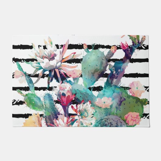 水かわいらし色サボテンフローラ黒ストライプ色 ドアマット (正面)