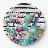 水かわいらし色サボテンフローラ黒ストライプ色 ペーパープレート (正面)