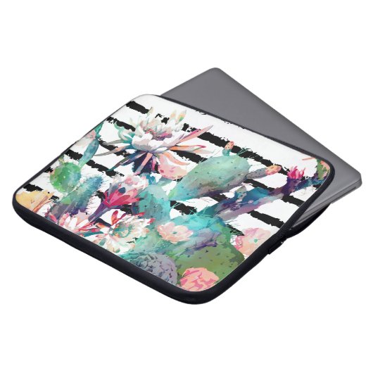 水かわいらし色サボテンフローラ黒ストライプ色 ラップトップスリーブ (正面上部)