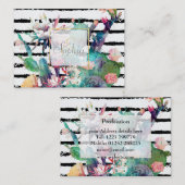 水かわいらし色サボテンフローラ黒ストライプ色 名刺 (正面/裏面)