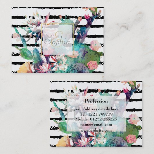 水かわいらし色サボテンフローラ黒ストライプ色 名刺 (正面/裏面)