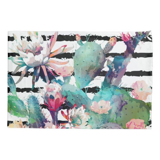 水かわいらし色サボテンフローラ黒ストライプ色 枕カバー (裏面)