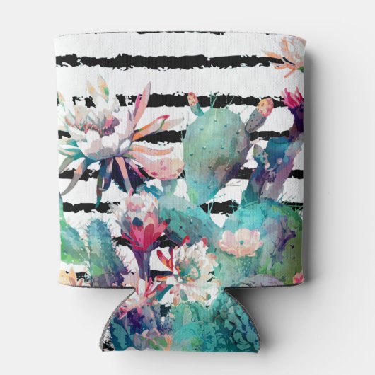 水かわいらし色サボテンフローラ黒ストライプ色 缶クーラー (裏面)