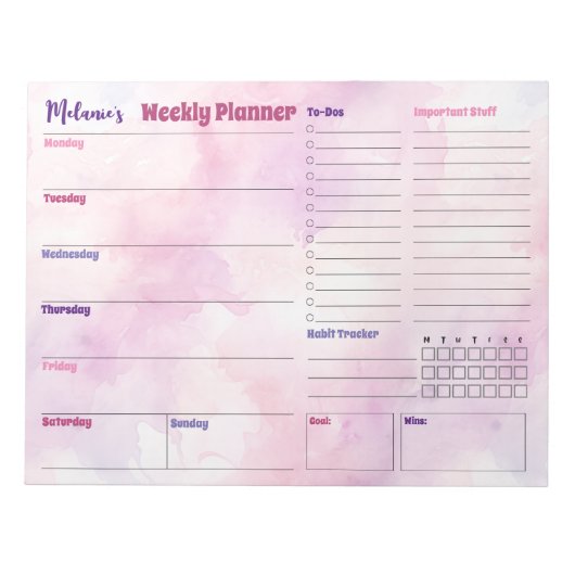 水かわいらし色スプラッシュ週間プランナーメモ帳 ノートパッド (正面)