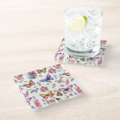 水かわいらし色バタフライフローラガーデンパターン ガラスコースター (アングル)