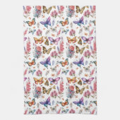 水かわいらし色バタフライフローラガーデンパターン キッチンタオル (縦)