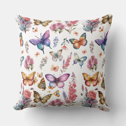 水かわいらし色バタフライフローラガーデンパターン クッション (正面)
