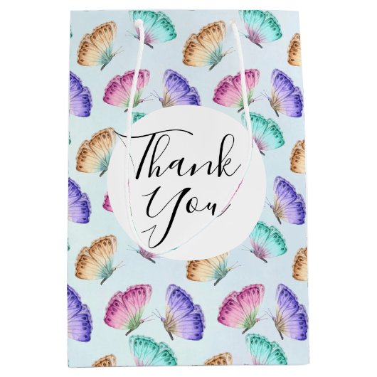 水かわいらし色バタフライ模様ありがとう ミディアムペーパーバッグ (正面)