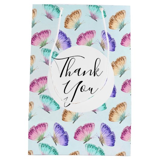 水かわいらし色バタフライ模様ありがとう ミディアムペーパーバッグ (裏面)