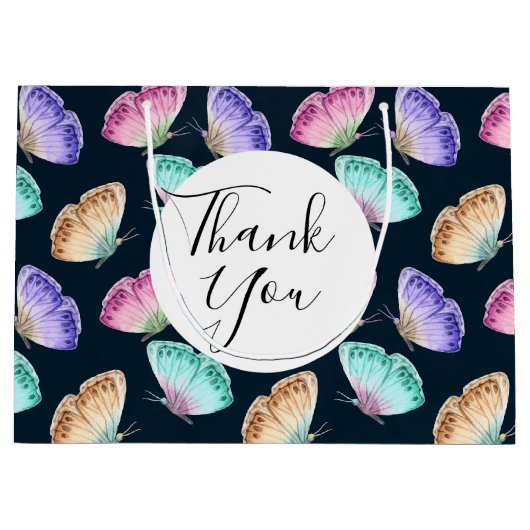 水かわいらし色バタフライ模様ありがとう ラージペーパーバッグ (正面)