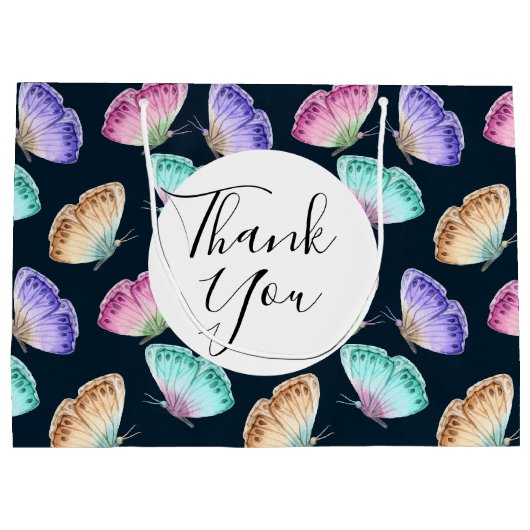 水かわいらし色バタフライ模様ありがとう ラージペーパーバッグ (裏面)