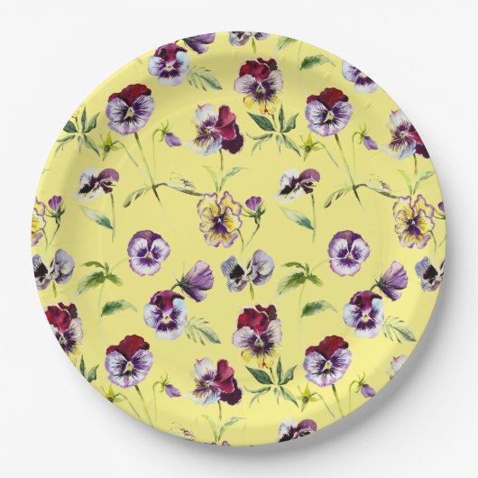 水かわいらし色パンジーのパターン（黄色） ペーパープレート (正面)