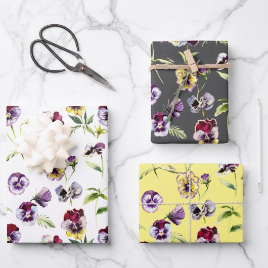 水かわいらし色パンジー模様トリオ ラッピングペーパーシート (正面)