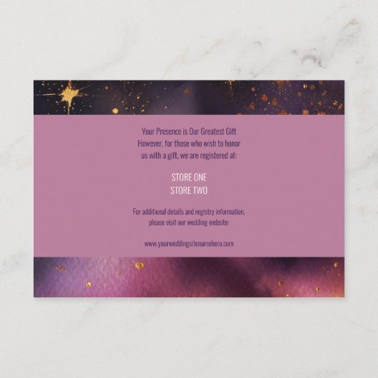 水かわいらし色パープルと金ゴールドフローラ結婚ズ エンクロージャーカード (裏面)