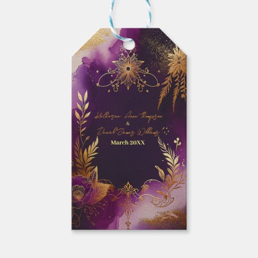水かわいらし色パープルと金ゴールドフローラ結婚ズ ギフトタグ (正面)