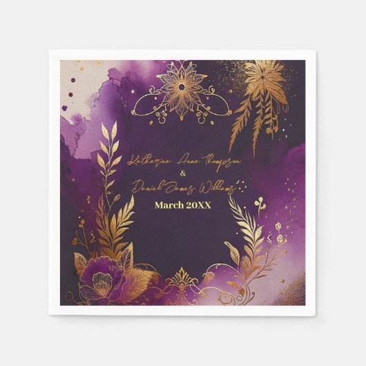 水かわいらし色パープルと金ゴールドフローラ結婚ズ スタンダードカクテルナプキン (正面)