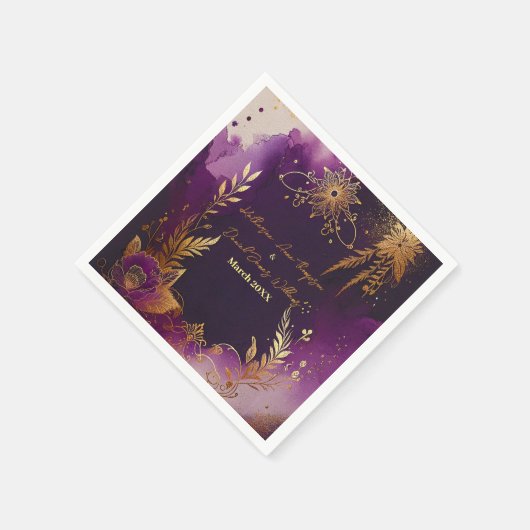 水かわいらし色パープルと金ゴールドフローラ結婚ズ スタンダードカクテルナプキン (角)