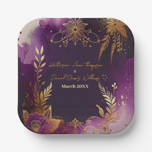 水かわいらし色パープルと金ゴールドフローラ結婚ズ ペーパープレート (正面)