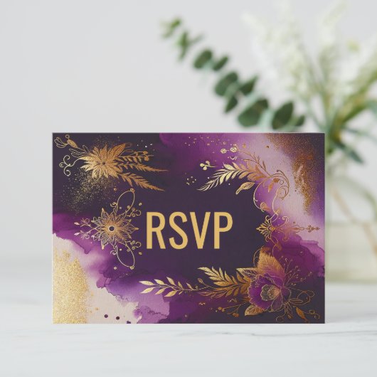 水かわいらし色パープルと金ゴールドフローラ結婚ズ 出欠カード (スタンド正面)