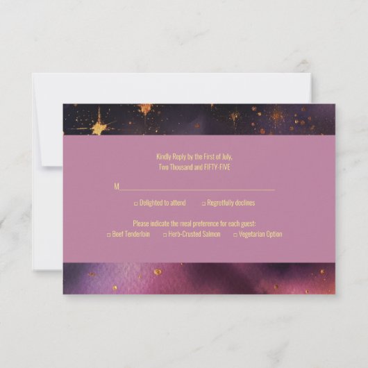 水かわいらし色パープルと金ゴールドフローラ結婚ズ 出欠カード (裏面)