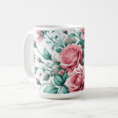 水かわいらし色ピンクと緑のバラ コーヒーマグカップ (正面左)