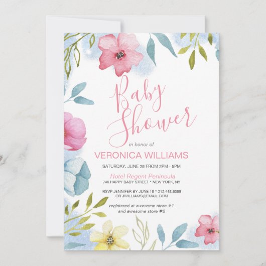 水かわいらし色ピンクのフローラガールベビーシャワー 招待状 (正面)