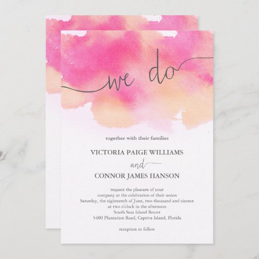 水かわいらし色ピンクピーチ結婚ズ 招待状 (正面/裏面)