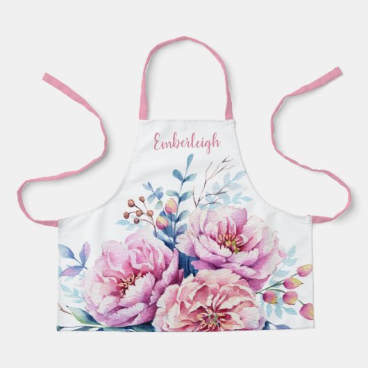 水かわいらし色ピンクフローラ牡丹ガール エプロン (正面)