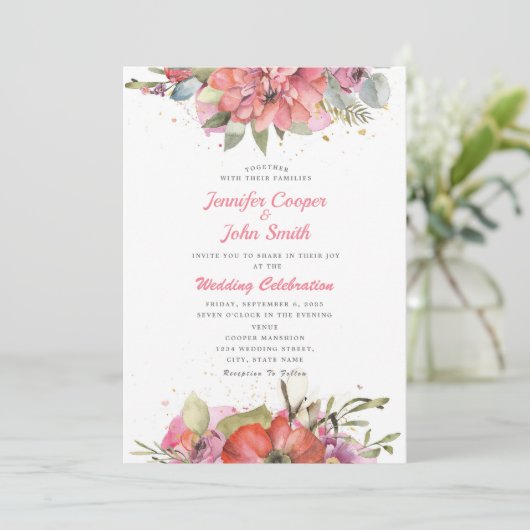 水かわいらし色ピンク赤フローラ結婚ズ 招待状 (スタンド正面)