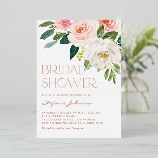 水かわいらし色フラワーズガーデンブライダルシャワー 箔招待状 (立ち正面)