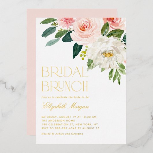 水かわいらし色フラワーズガーデンブライダルブランチ 箔招待状 (正面/裏面)