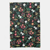 水かわいらし色フローラブラックボタニカル キッチンタオル (縦)