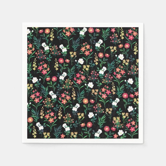 水かわいらし色フローラブラックボタニカル スタンダードカクテルナプキン (正面)
