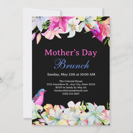 水かわいらし色フローラブラックマザーズデイブランチ 招待状 (正面)
