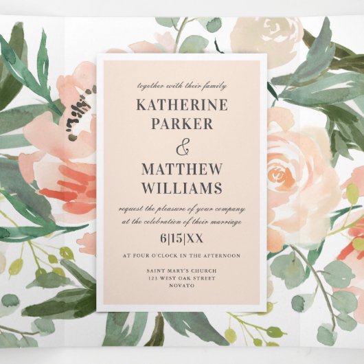 水かわいらし色フローラ赤面オールインワン結婚 三つ折り招待状 (内部中)