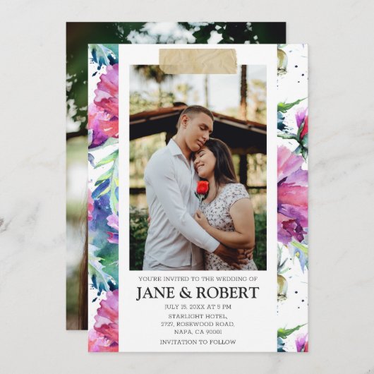 水かわいらし色フローラ金ゴールドテープ2写真結婚 招待状 (正面/裏面)