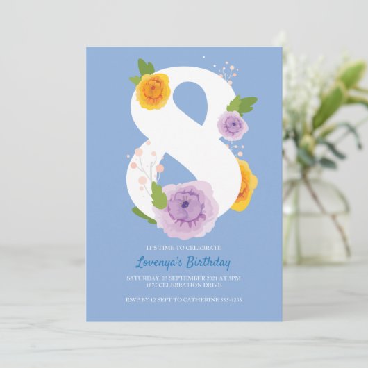 水かわいらし色フローラ8thバースデーパーティー招待状 セーブザデート (スタンド正面)
