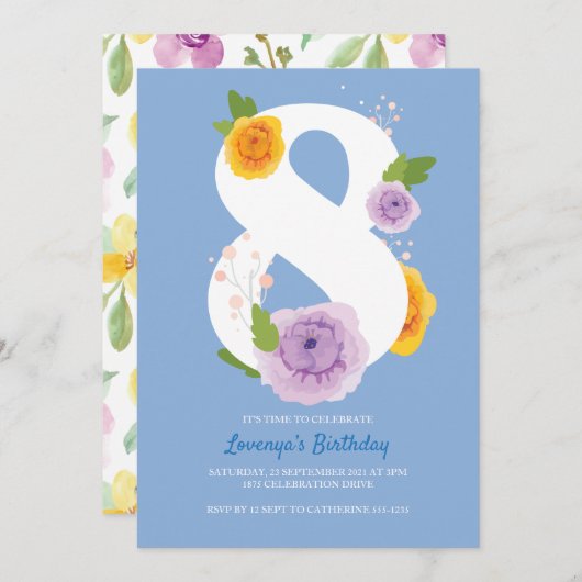 水かわいらし色フローラ8thバースデーパーティー招待状 セーブザデート (正面/裏面)