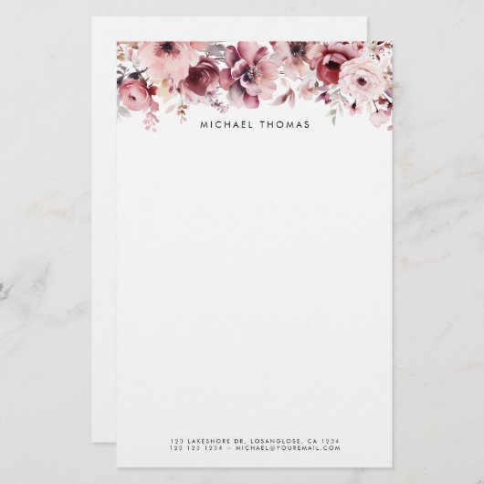 水かわいらし色ブルゴーニュと赤面の花 便箋 (正面/裏面)