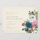 水かわいらし色ボーホブルーフローラブライダルルンチョン 招待状 (正面/裏面)